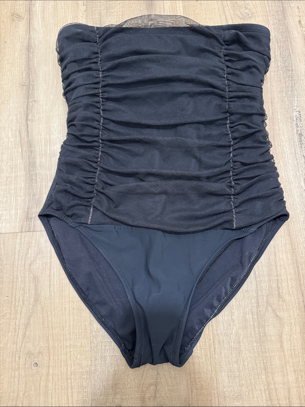 Newport News Strapless Black Ruched Tummy-Control One-Piece